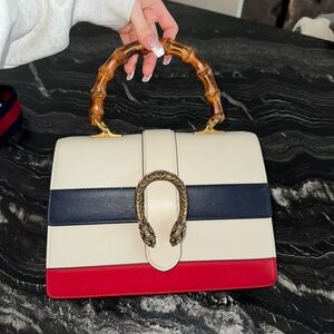 Gucci Red, Blue, and Cream Satchel with Bamboo Handle Sylvie Web